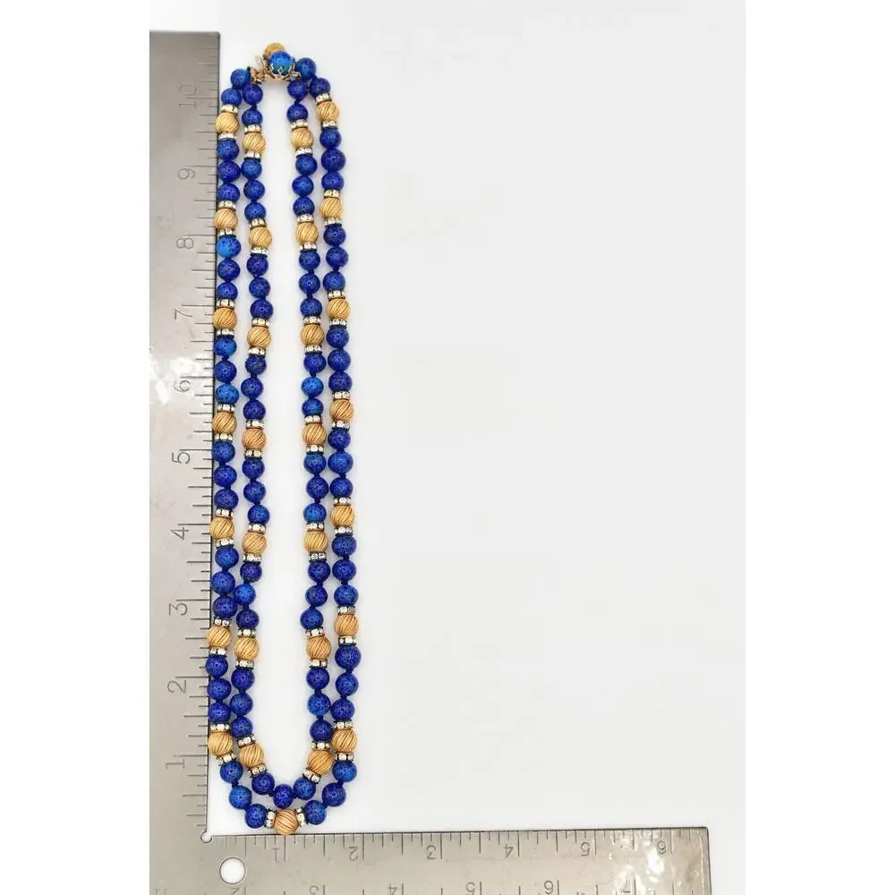 Vintage Lapis Lazuli Collar Beaded Necklace Layered Gold Tone Crystal 70s BinBD